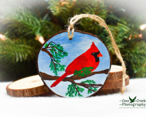 State bird of Kentucky wood slice Christmas ornament at Cove Creek Photography.